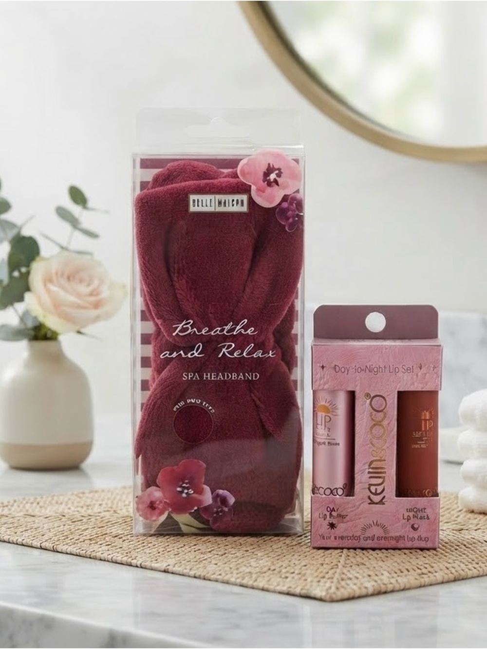 Breathe and Relax Spa Headband by — Burgundy & Kevin & coco lip set day & night